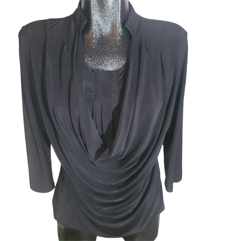 Lavena Black Drape Neckline Long Sleeve Formal Top Size M